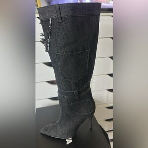 Fashion Nova Black Denim Heeled Boots